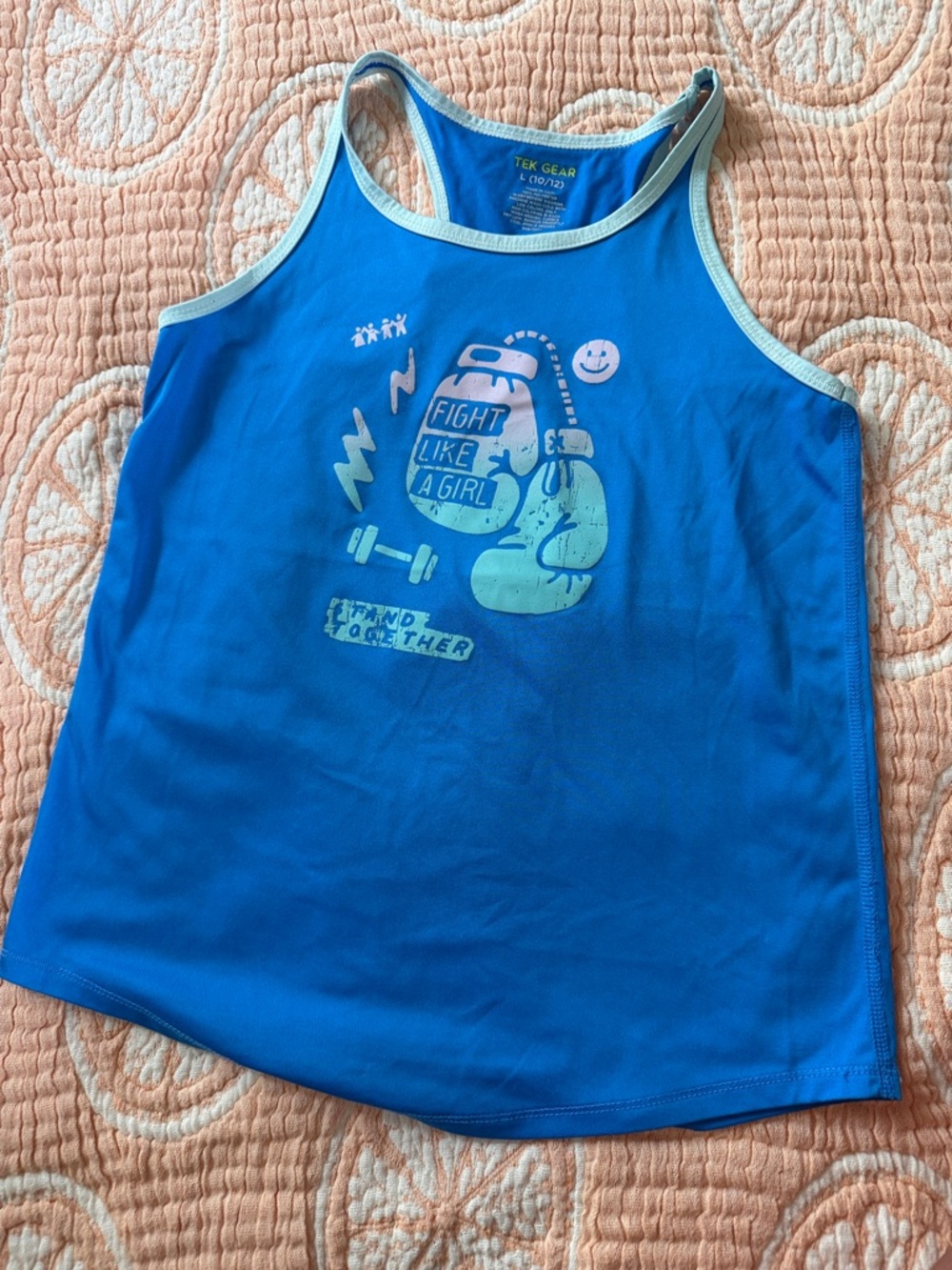 tek gear bright blue tank with light aqua trim and boxing graphic
